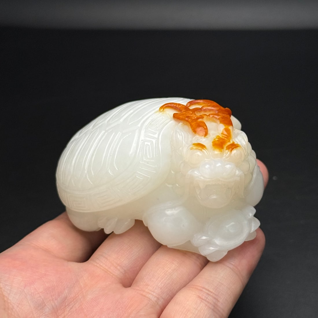 Superb Chinese Hetian Jade Carved Dragon Turtle Statue: Title: Superb Chinese Hetian Jade Carved Dragon Turtle Statue Date/Period: After2000 Origin: Chinese Dimension: 83 x 54 x 43 (mm) 3.27 x 2.12 x 1.69 (inches) Weight: 0.59 lbs/ 267 g Materials: Hetian