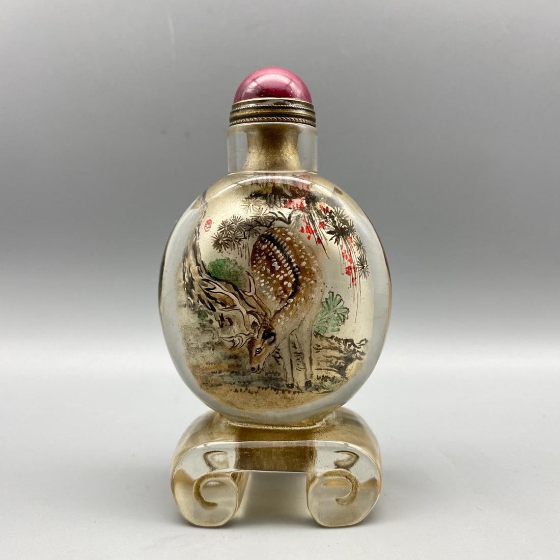 Old Chinese Peking Glass Inside Painting Deer Design Snuff Bottle w Stopper (1 of 9)