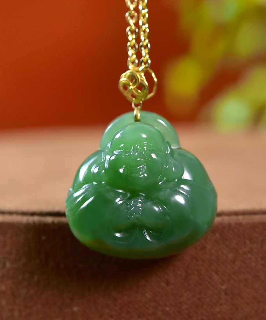 Chinese Green Hetian Jade Laughing Buddha Pendant (1 of 5)