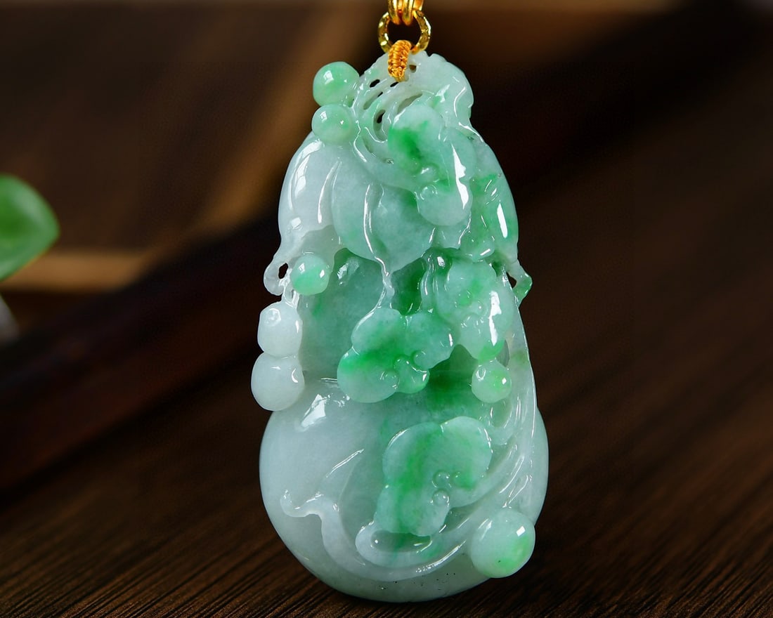 Hand-carved Green Jadeite Ruyi Gourd Pendant with Certificate (1 of 6)