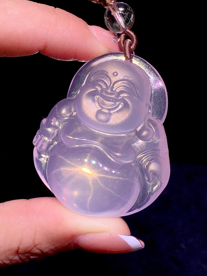 Natural Pink Crystal Laughing Buddha Pendant: Title: Natural Pink Crystal Laughing Buddha Pendant Date/Period: After2000 Origin: Chinese Dimension: 42x36x16(mm) 1.65x1.42x0.63(inches) Materials: Crystal Reserve: $199.00 Shipping: Domestic: Shi