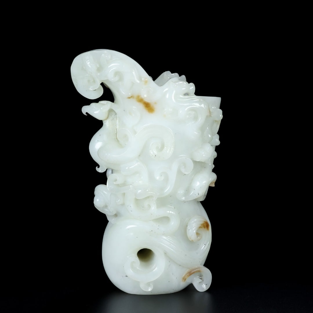 Exquisite Chinese White Hetian Jade High Relief Dragon Phoenix Cup: Title: Exquisite Chinese White Hetian Jade High Relief Dragon Phoenix Cup Date/Period: After1890 Origin: Chinese Dimension: 175 x 110 x 75 (mm)6.89 x 4.33 x 2.95 (inches) Weight: 2.75 lbs/ 1247 g Mate