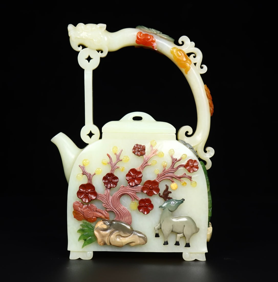 Superb Chinese Hetian Jade Inlay Gem Carved Plum Flower & Deer Handle Teapot: Title: Superb Chinese Hetian Jade Inlay Gem Carved Plum Flower & Deer Handle Teapot Date/Period: After1800 Origin: Chinese Dimension: 145 x 105 x 40 (mm)5.71 x 4.13 x 1.57 (inches) Weight: 0.93 lbs/ 4