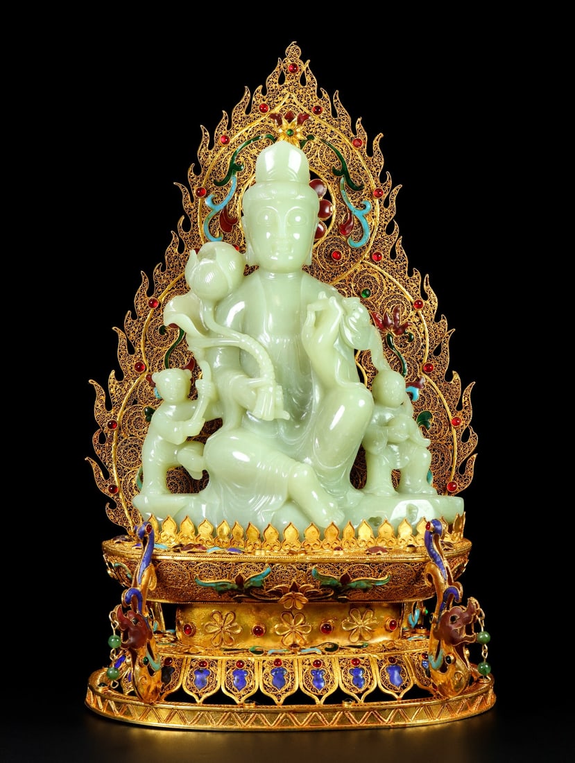Exquisite Chinese Hetian Jade Carved Kwan-yin Statue w Gold Wire Enamel Base: Title: Exquisite Chinese Hetian Jade Carved Kwan-yin Statue w Gold Wire Enamel Base Date/Period: After1900 Origin: Chinese Dimension: 370 x 200 x 150(mm) 14.57 x 7.87 x 5.90 (inches) Weight: 6.91 lbs/