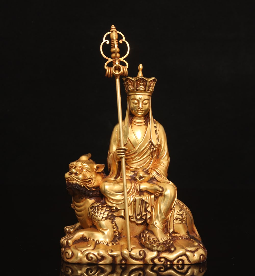 Superb Old Tibetan Gilt Gold Copper Ksitigarbha Statue: Title: Superb Old Tibetan Gilt Gold Copper Ksitigarbha Statue Date/Period: After1900 Origin: Chinese Dimension: 190 x 120 (mm)7.48 x 4.72 (inches) Weight: 2.64 lbs/ 1200 g Materials: Gilt Gold Copper