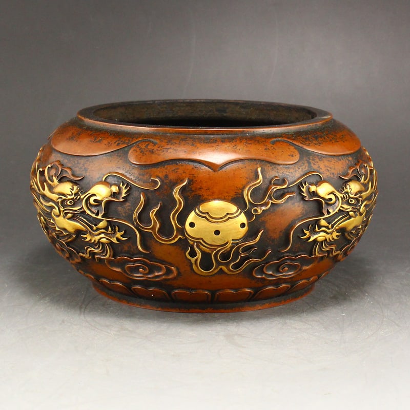 Chinese Gilt Gold Red Copper Double Dragon Fireball Incense Burner: Title: Chinese Gilt Gold Red Copper Double Dragon Fireball Incense Burner Date/Period: After1880 Origin: Chinese Dimension: 170 x 170 x 80(mm) 6.69 x 6.69 x 3.15(inches) Weight: 7.33 lbs/ 3324 g Mater