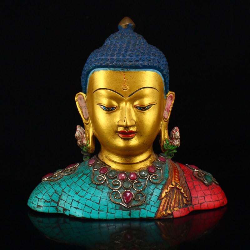 Vintage Gilt Gold Red Copper Inlay Turquoise & Gem Buddha Head Statue: Title: Vintage Gilt Gold Red Copper Inlay Turquoise & Gem Buddha Head Statue Date/Period: After1800 Origin: Chinese Dimension: 164 x 171 x 72(mm) 6.46 x 6.73 x 2.83(inches) Weight: 3.25 lbs/1474 g Mat