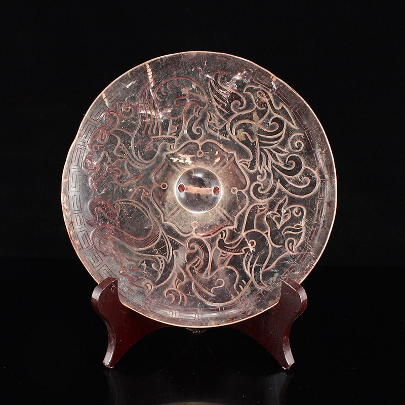 Vintage Chinese Pine Crystal Carved Bronze Mirror: Title: Vintage Chinese Pine Crystal Carved Bronze Mirror Date/Period: After1890 Origin: Chinese Dimension: 180 x 180 x 12 (mm)7.09 x 7.09 x 0.47 (inches) Weight: 1.14 lbs/ 517 g Materials: Crystal Res