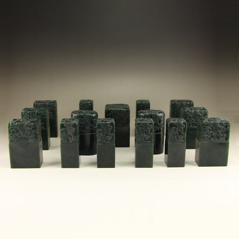A Set Chinese Green Hetian Jade Carved Fortune Dragon Seal: Title: A Set Chinese Green Hetian Jade Carved Fortune Dragon Seal Date/Period: After1910 Origin: Chinese Dimension: 80 x 50 x 50 (mm)3.15 x 1.97 x 1.97 (inches) Dimension: 80 x 30 x 30 (mm)3.15 x 1.18