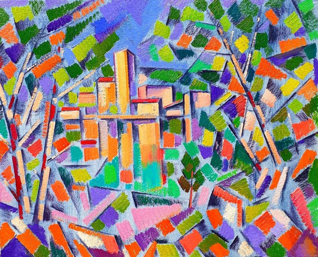 Abstract oil painting City behind the trees Peter Tovpev: Title: Abstract oil painting City behind the trees Peter Tovpev Description: №Dobr 835 The oil painting is a mesmerizing piece of abstract art that portrays a unique juxtaposition between nature