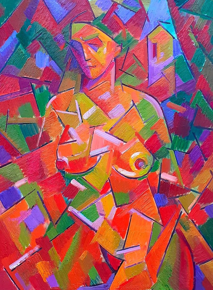 Abstract oil painting Self portrait Peter Tovpev: Title: Abstract oil painting Self portrait Peter Tovpev Description: №Dobr 839 The oil painting depicts a naked girl sitting in a relaxed pose, painted in the style of Impressionism. The artist