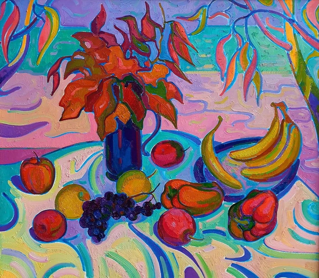 Oil painting Still life with dry leaves and fruits Peter Tovpev (1 of 7)