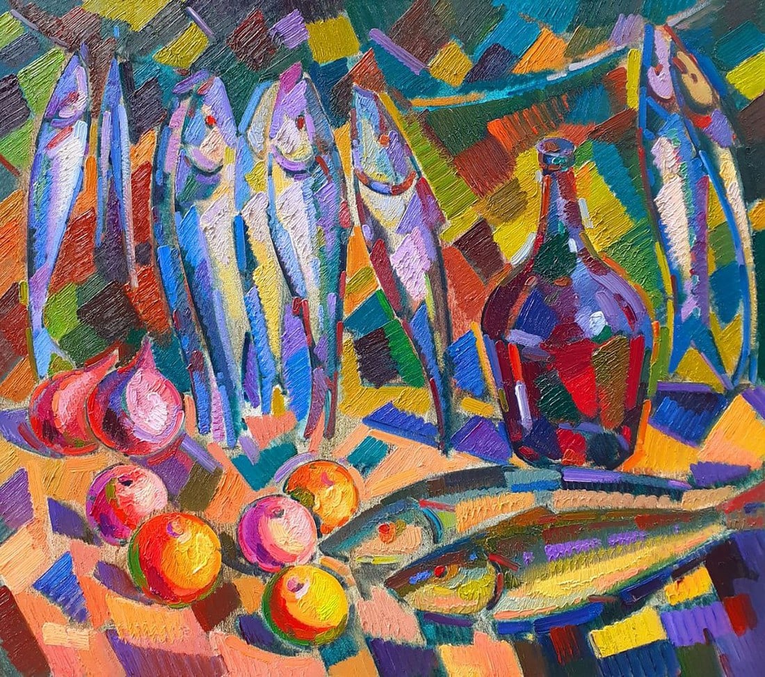 Oil painting Fruit and wine Peter Tovpev: Title: Oil painting Fruit and wine Peter Tovpev Description: №Dobr 851"Fish, Fruit and Wine" is a vibrant and dynamic oil painting that exudes energy and life through its bold use of color and e