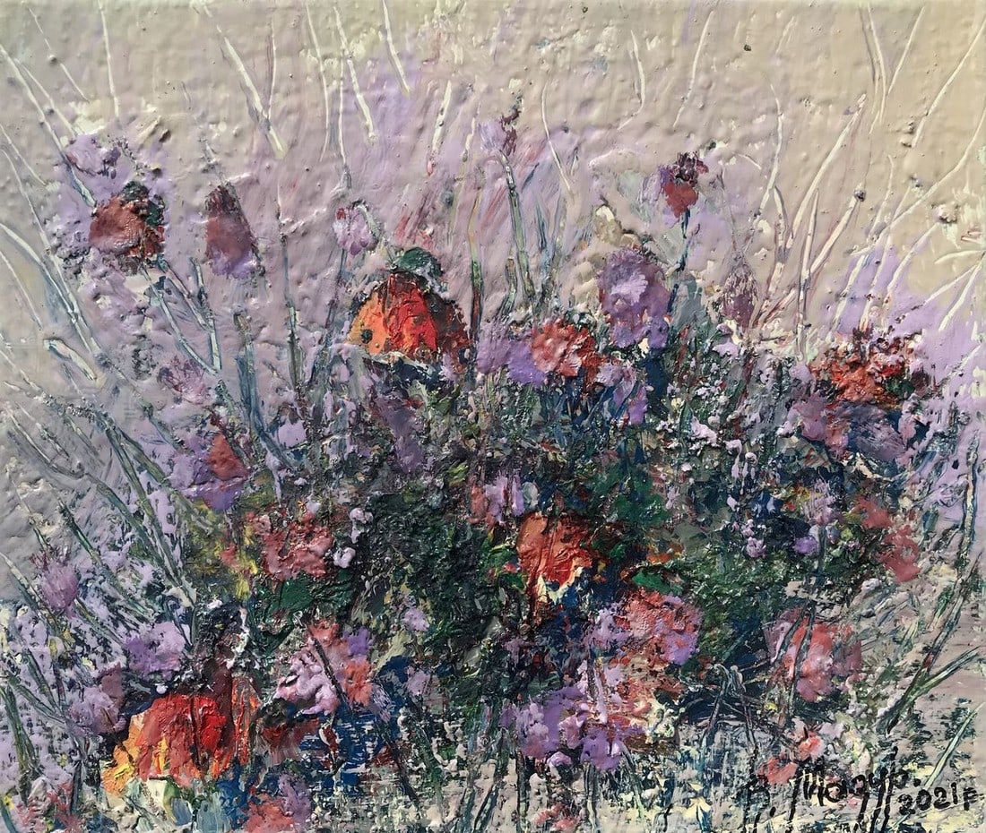 Oil painting Wildflowers Mazur Vladimir: Title: Oil painting Wildflowers Mazur Vladimir Description: №AAA2673 The oil painting is a stunning display of abstract flowers, rendered in rich red and purple hues. The intricate blooms are pr