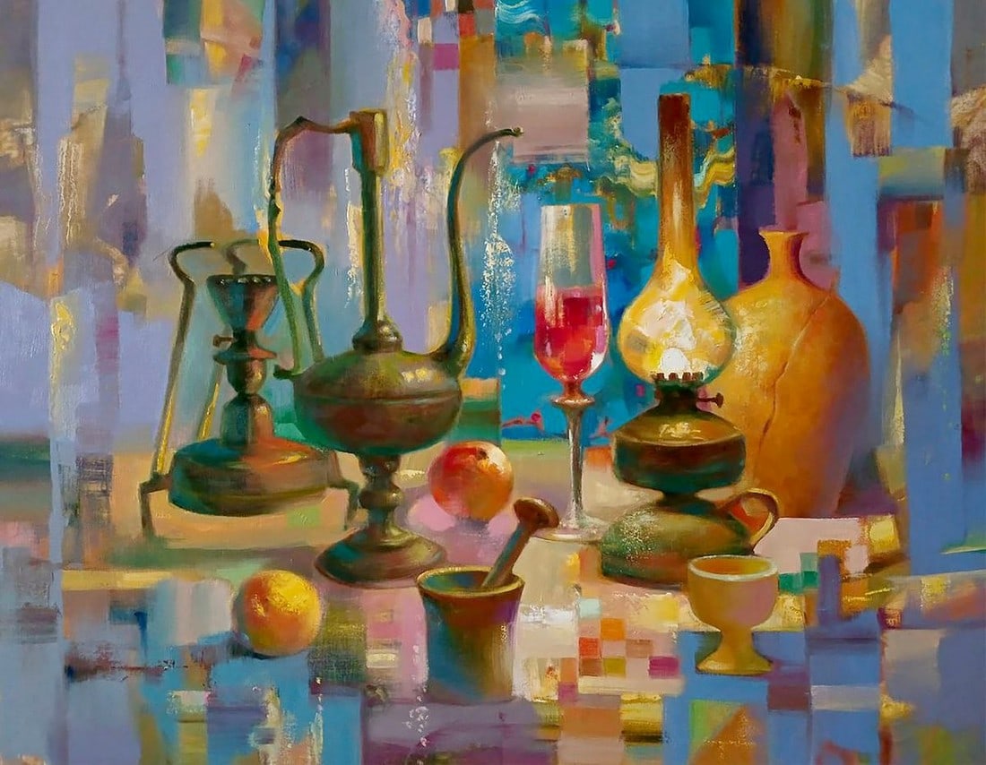 Abstract oil painting Retro Anatoly Tarabanov: Title: Abstract oil painting Retro Anatoly Tarabanov Description: №Tar 346The oil painting titled "Retro" is a captivating still life that harkens back to a bygone era, depicted through a collec