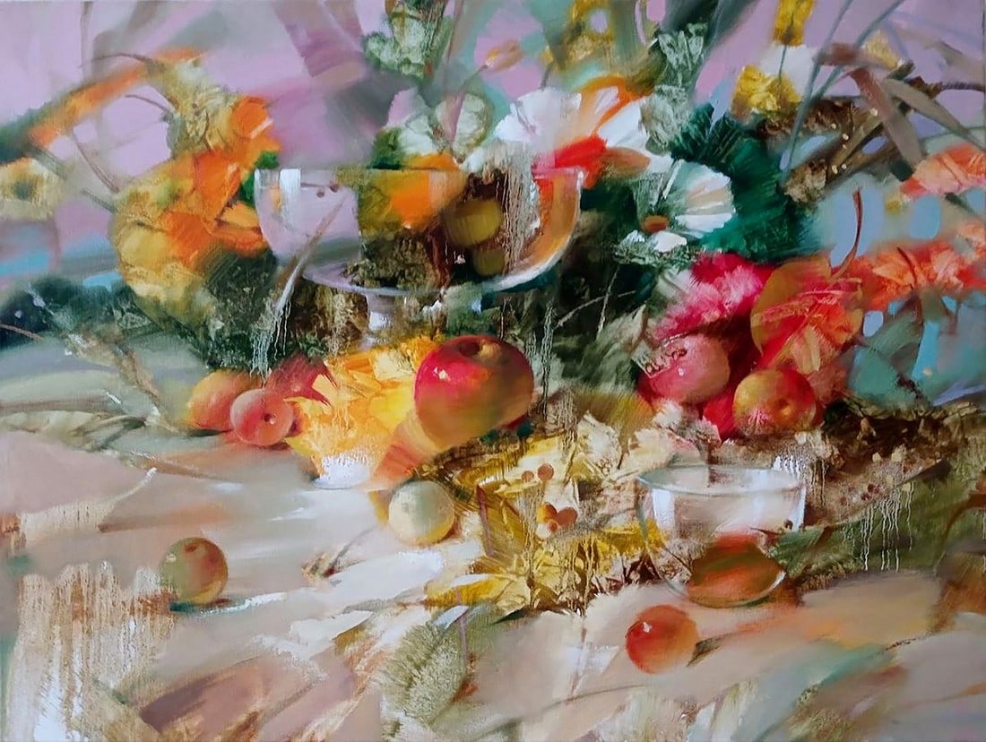 Abstract oil painting Still life Anatoly Tarabanov: Title: Abstract oil painting Still life Anatoly Tarabanov Description: №Tar 347The oil painting titled "Still Life" is a contemporary and vibrant interpretation of the classic still life genre.