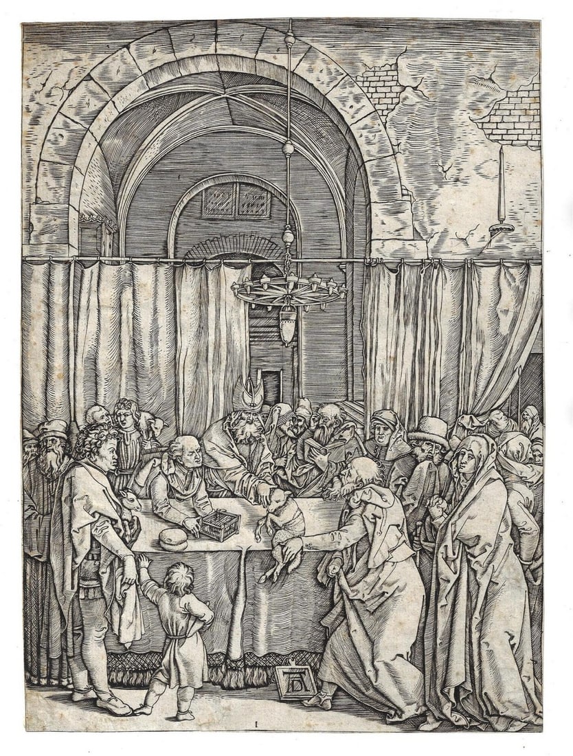 1520 Raimondi Engraving After Albrecht Durer Life of the Virgin: Title: 1520 Raimondi Engraving After Albrecht Durer Life of the Virgin Description: "The Embracing of Joachim and Saint Anne at the Golden Gate in Jerusalrm" after Albrecht Durer (1471-1528) by Marcan