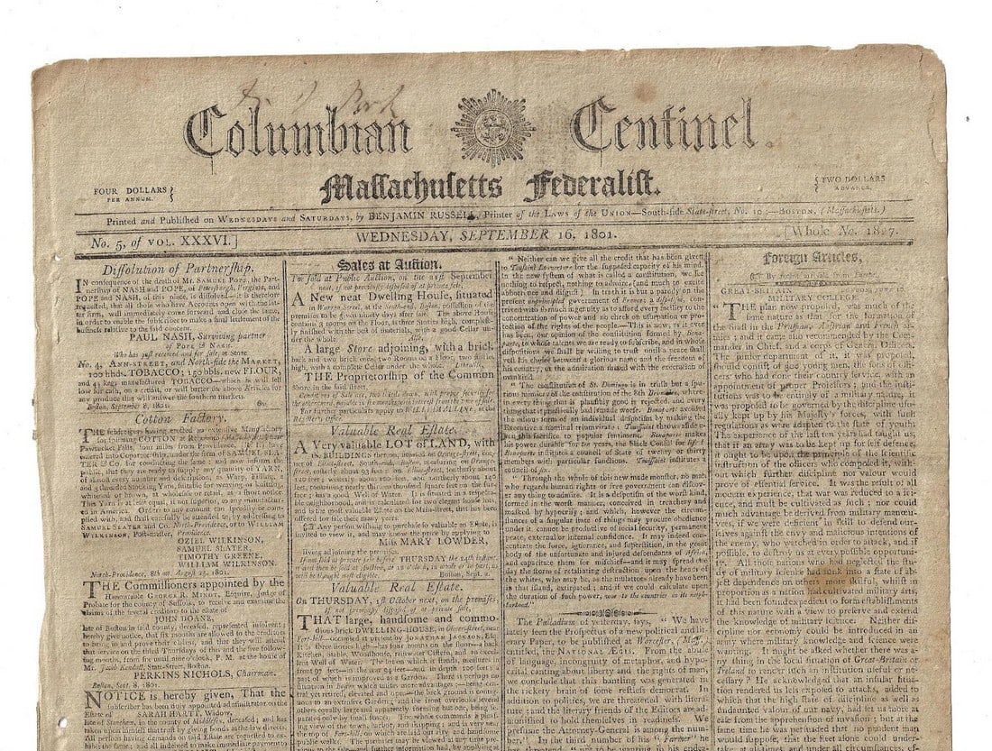 1801 Federalist Newspaper Lord Nelson Barbary: Title: 1801 Federalist Newspaper Lord Nelson Barbary Description: The ?Columbian Centinel. Massachusetts Federalist? for September 16, 1801 printed at Boston and published by Benjamin Russell, four fo