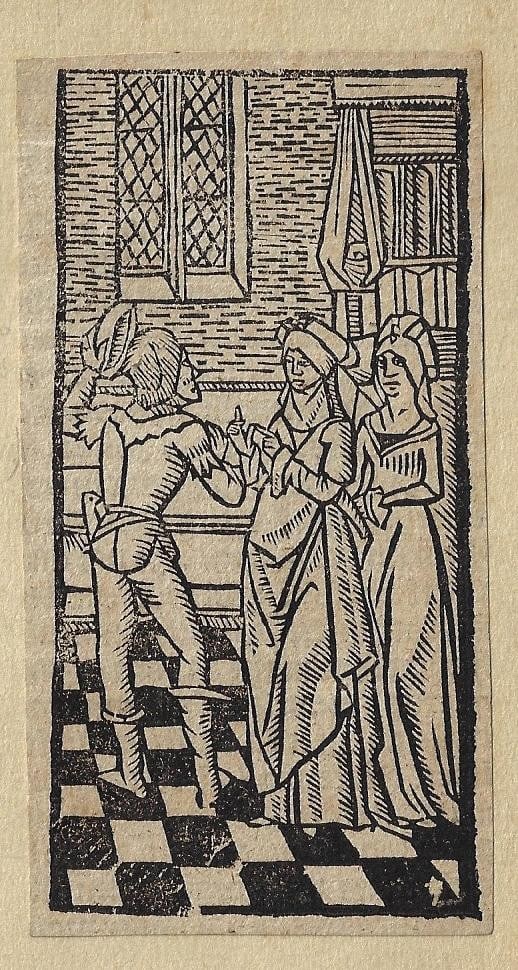 1500 Three Renaissance Woodcuts: Title: 1500 Three Renaissance Woodcuts Description: Three woodcuts from a 16th century work, text on verso in Dutch. Circa 1500. Each woodcut measures 2.5 x 4.5", mounted on card with French manuscrip