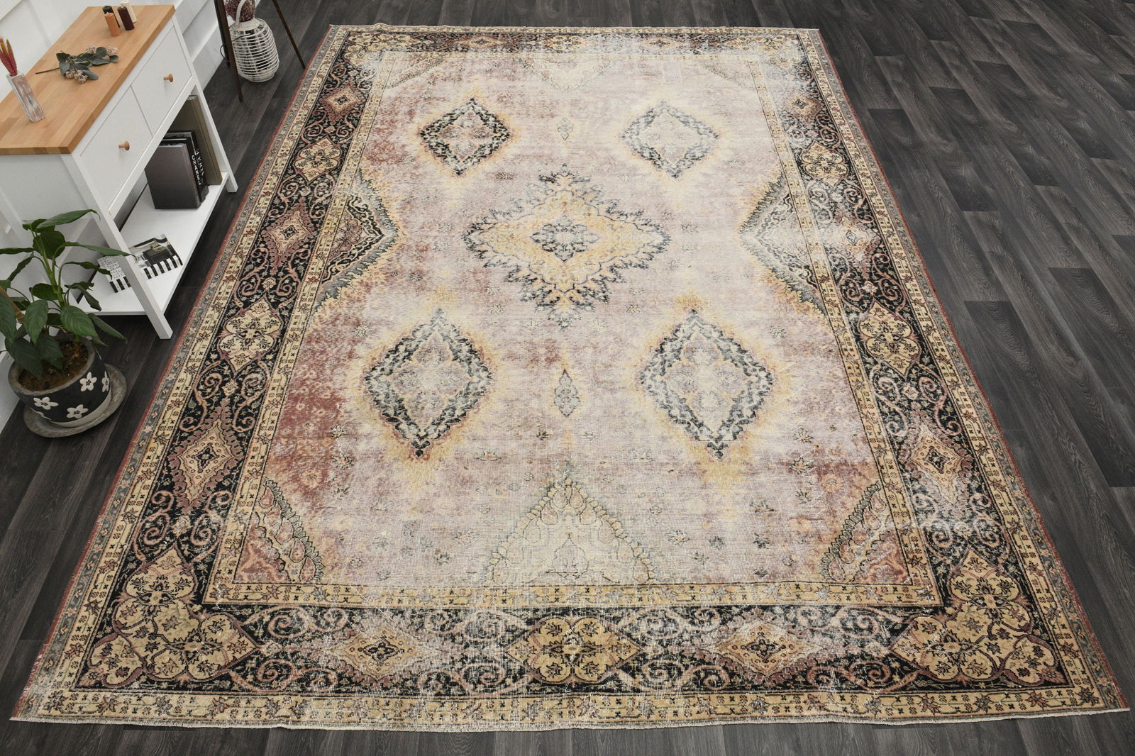 9.9x13.3 ft Oversized Rug: Title: 9.9x13.3 ft Oversized Rug Description: This Turkish one-of-a-kind Anatolian Vintage Rug is hand-knotted and handwoven by the most skilled artisans who use pure wool, in muted, natural tones, an