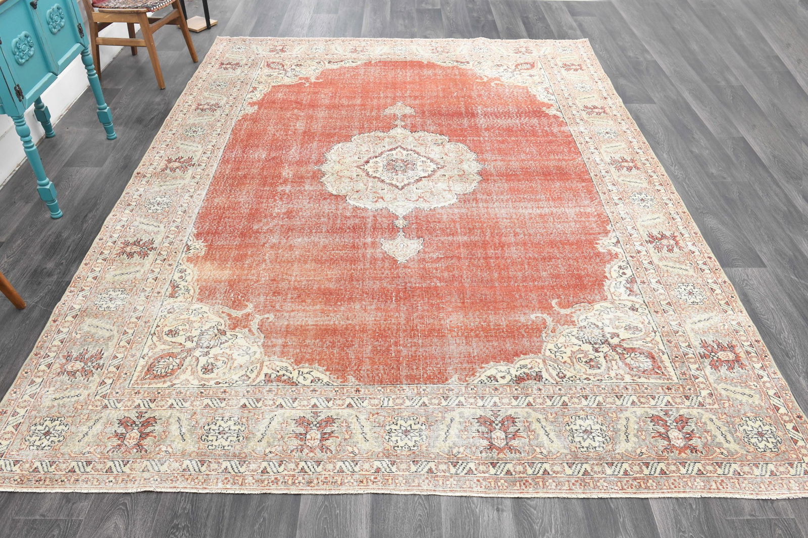 8.6x11.5 ft, ORANGE BEIGE TURKISH: Title: 8.6x11.5 ft, ORANGE BEIGE TURKISH Description: This Turkish one-of-a-kind Anatolian Vintage Rug is hand-knotted and handwoven by the most skilled artisans who use pure wool, in muted, natural t