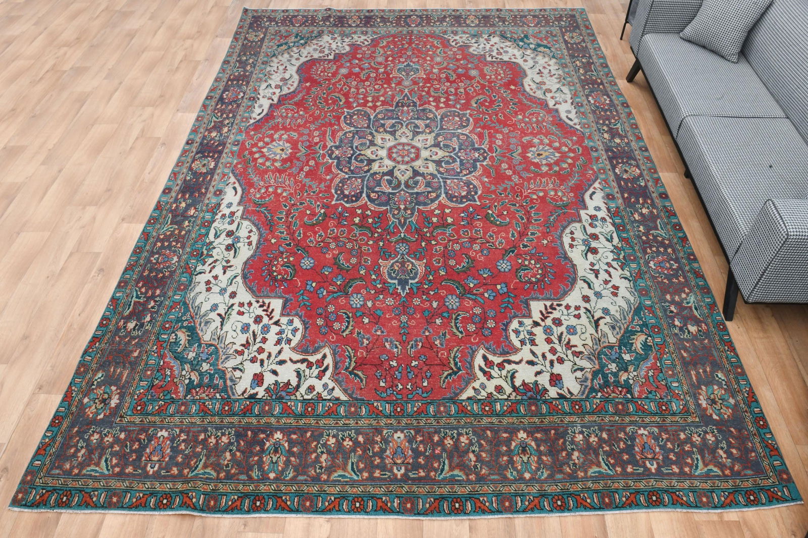 9.6x12.9 ft, COLORFUL AREA RUG: Title: 9.6x12.9 ft, COLORFUL AREA RUG Description: This Turkish one-of-a-kind Anatolian Vintage Rug is hand-knotted and handwoven by the most skilled artisans who use pure wool, in muted, natural tone