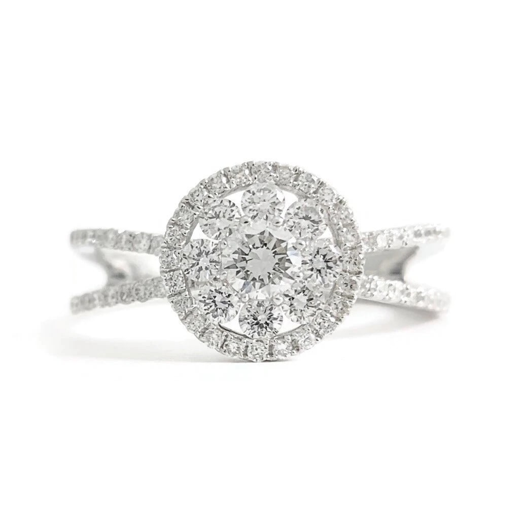 Flower Cluster Split Shank Halo Diamond Engagement Ring 18K White Gold .90 CTW: Title: Flower Cluster Split Shank Halo Diamond Engagement Ring 18K White Gold .90 CTW Description: Flower Cluster Split Shank Halo Diamond Engagement Ring 18K White Gold .90 This lovely diamond engage