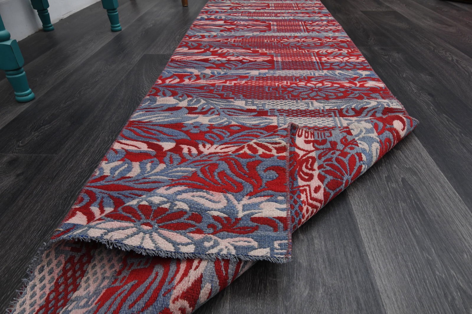 2.6x7.8 ft, Turkish Rug Runner: Title: 2.6x7.8 ft, Turkish Rug Runner Origin: Turkey Date/Period: 1960 - 1970 Materials: Wool and Cotton Size: Width: 2.3 feet Length: 7.8 feet Description: This Turkish one-of-a-kind Vintage Flatweav