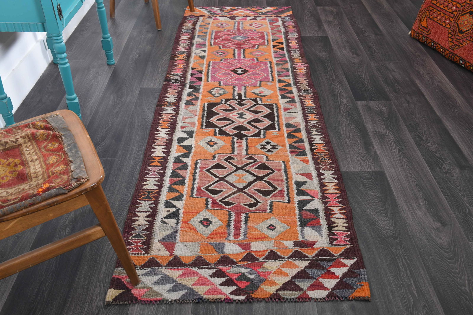 2.9x8.9 ft, TURKISH KILIM Runner: Title: 2.9x8.9 ft, TURKISH KILIM Runner Origin: Turkey Date/Period: 1960 - 1970 Materials: Wool and Cotton Size: Width: 2.9 feet Length: 8.9 feet Description: This Turkish one-of-a-kind Vintage Flatwe