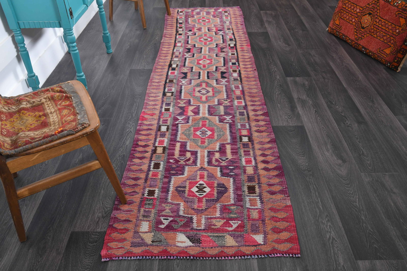 2.7x10 ft, TURKISH KILIM Runner: Title: 2.7x10 ft, TURKISH KILIM Runner Origin: Turkey Date/Period: 1960 - 1970 Materials: Wool and Cotton Size: Width: 2.7 feet Length: 10 feet Description: This Turkish one-of-a-kind Vintage Flatweav