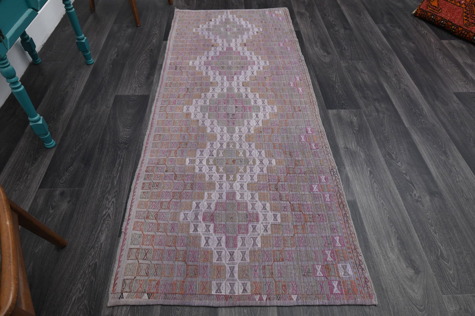 3.1x7.4 ft, TURKISH KILIM Runner: Title: 3.1x7.4 ft, TURKISH KILIM Runner Origin: Turkey Date/Period: 1960 - 1970 Materials: Wool and Cotton Size: Width: 3.1 feet Length: 7.4 feet Description: This Turkish one-of-a-kind Vintage Flatwe