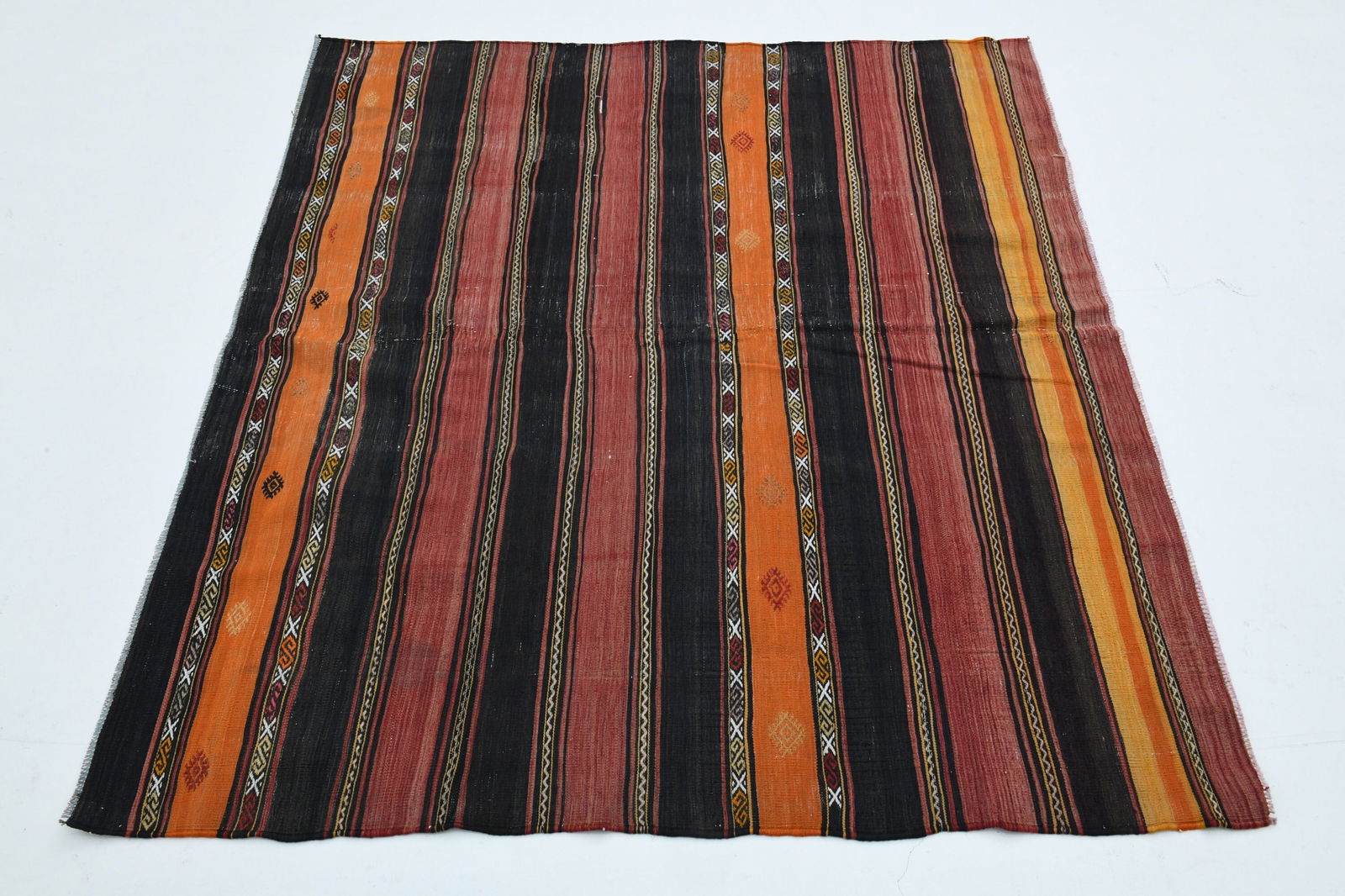 4.7x5.2 ft, COLORFUL, STRIPED, TURKISH Rug: Title: 4.7x5.2 ft, COLORFUL, STRIPED, TURKISH Rug Origin: Turkey Date/Period: 1960 - 1970 Materials: Wool and Cotton Size: Width: 4.7 feet Length: 5.2 feet Description: This Turkish one-of-a-kind Vint