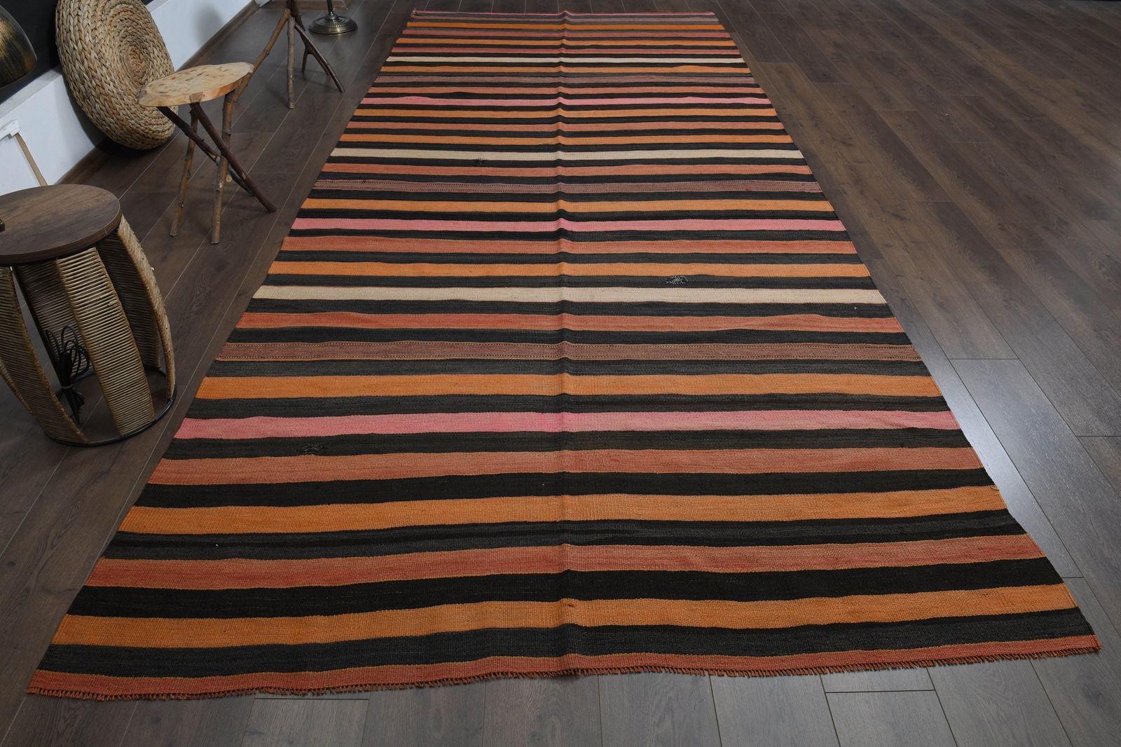 5'9x13'7 ft, COLORFUL WIDE RUNNER: Title: 5'9x13'7 ft, COLORFUL WIDE RUNNER Origin: Turkey Date/Period: 1960 - 1970 Materials: Wool and Cotton Size: Width: 5.9 feet Length: 13.7 feet Description: This Turkish one-of-a-kind Vintage Flat
