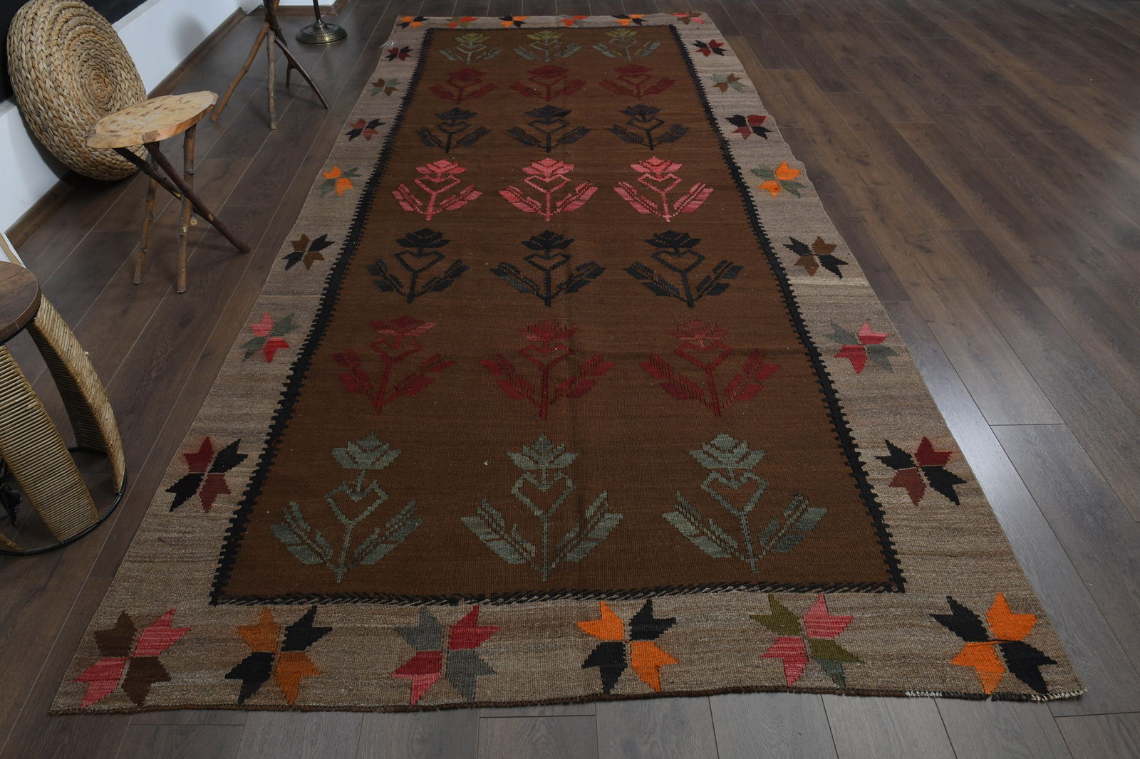 5'6x12'9 ft, BROWN COLORFUL RUG,: Title: 5'6x12'9 ft, BROWN COLORFUL RUG, Origin: Turkey Date/Period: 1960 - 1970 Materials: Wool and Cotton Size: Width: 5.6 feet Length: 12.9 feet Description: This Turkish one-of-a-kind Vintage Flatw