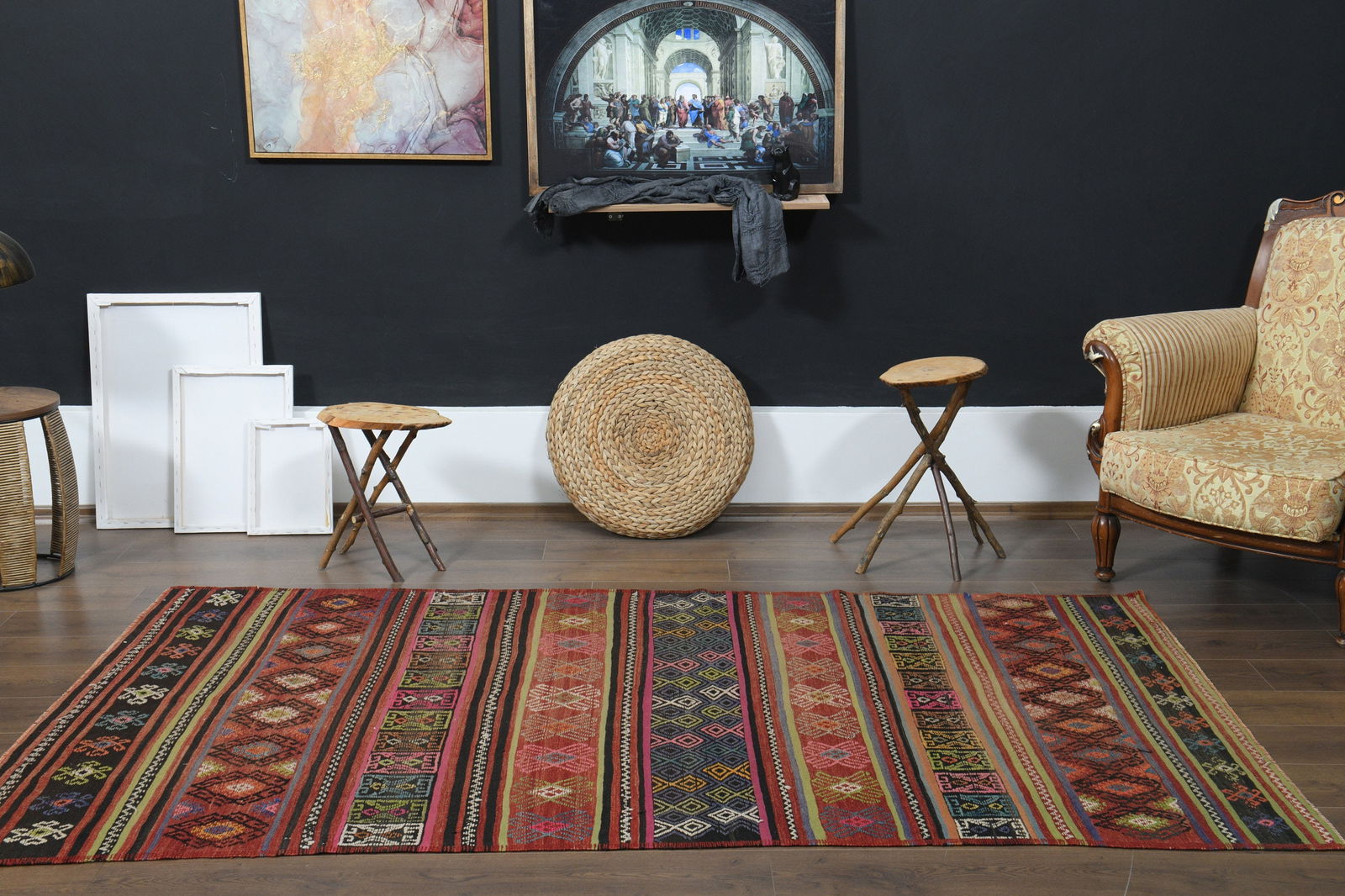 4'7x8'5 ft, RED KILIM RUG,: Title: 4'7x8'5 ft, RED KILIM RUG, Origin: Turkey Date/Period: 1960 - 1970 Materials: Wool and Cotton Size: Width: 4.7 feet Length: 8.5 feet Description: This Turkish one-of-a-kind Vintage Flatweave Ki