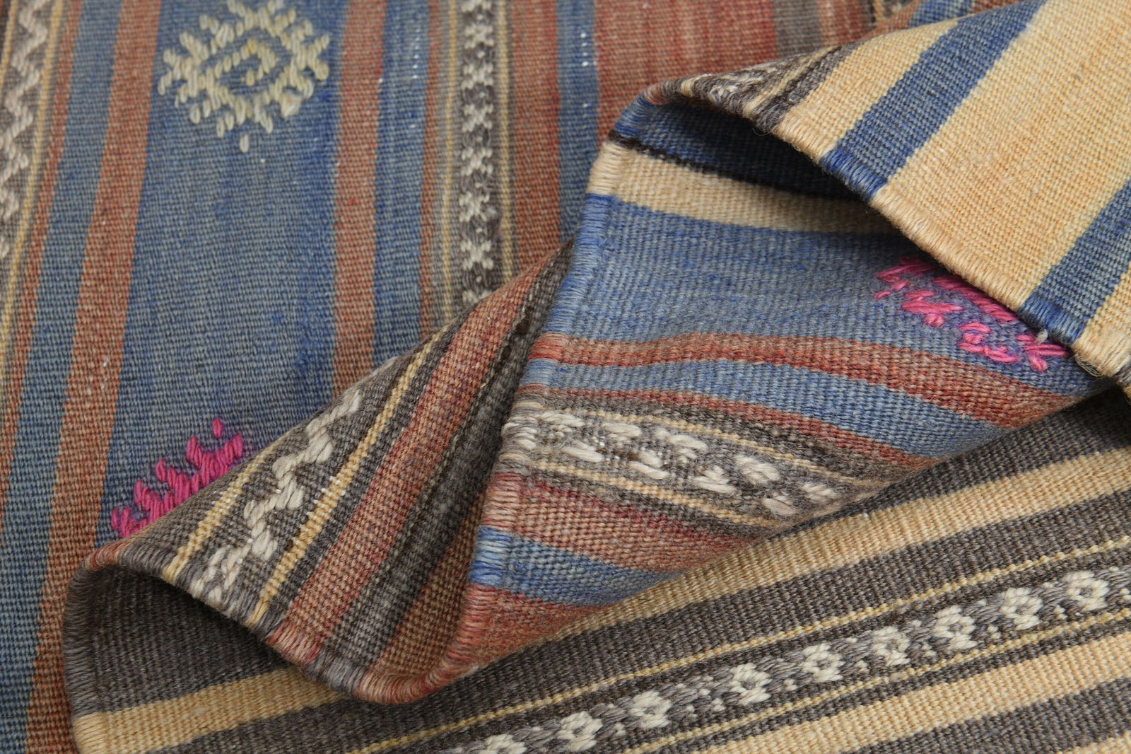 4'8x5'2 ft, COLORFUL KILIM RUG: Title: 4'8x5'2 ft, COLORFUL KILIM RUG Origin: Turkey Date/Period: 1960 - 1970 Materials: Wool and Cotton Size: Width: 4.8 feet Length: 5.2 feet Description: This Turkish one-of-a-kind Vintage Flatweav