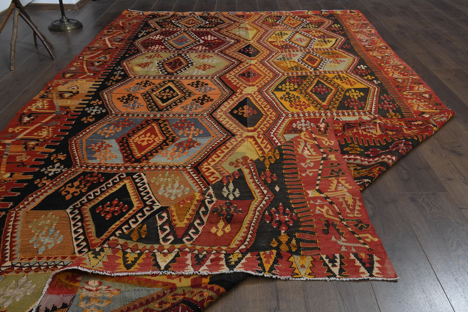 6'8x12'3 ft, OVERSIZED KILIM RUG: Title: 6'8x12'3 ft, OVERSIZED KILIM RUG Origin: Turkey Date/Period: 1960 - 1970 Materials: Wool and Cotton Size: Width: 6.8 feet Length: 12.3 feet Description: This Turkish one-of-a-kind Vintage Flatw