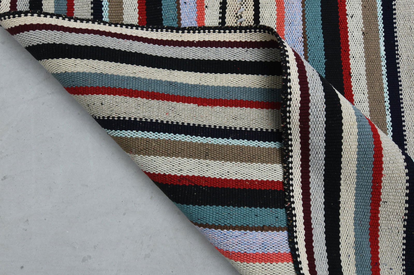 10.8x13.3 ft, RAINBOW KILIM RUG: Title: 10.8x13.3 ft, RAINBOW KILIM RUG Origin: Turkey Date/Period: 1960 - 1970 Materials: Wool and Cotton Size: Width: 10.8 feet Length: 13.3 feet Description: This Turkish one-of-a-kind Vintage Flatw