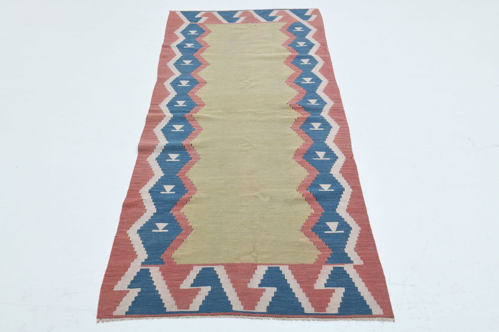 2.8x6.5 ft, TURKISH OUSHAK RUG: Title: 2.8x6.5 ft, TURKISH OUSHAK RUG Origin: Turkey Date/Period: 1960 - 1970 Materials: Wool and Cotton Size: Width: 2.8 feet Length: 6.5 feet Description: This Turkish one-of-a-kind Vintage Flatweav