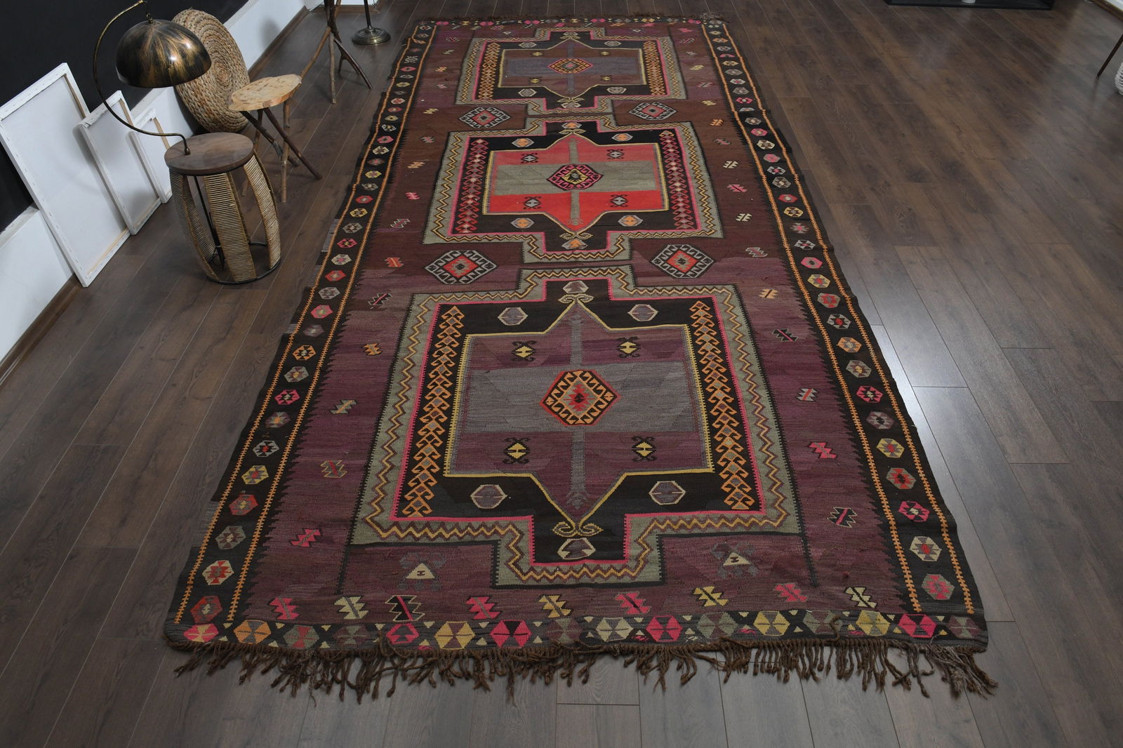 7'1x15'6 ft, PURPLE COLORFUL RUNNER: Title: 7'1x15'6 ft, PURPLE COLORFUL RUNNER Origin: Turkey Date/Period: 1960 - 1970 Materials: Wool and Cotton Size: Width: 7.1 feet Length: 15.6 feet Description: This Turkish one-of-a-kind Vintage Fl