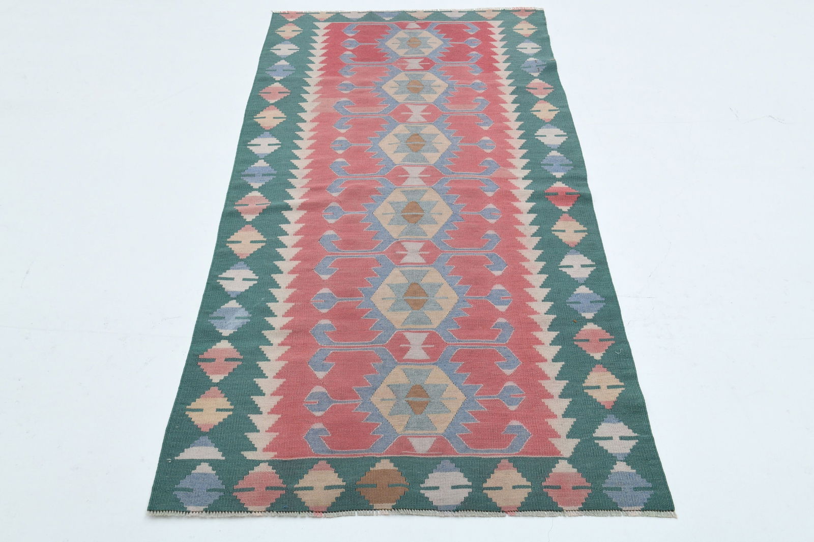 2.9x5.9 ft, COLORFUL DÉCOR: Title: 2.9x5.9 ft, COLORFUL DÉCOR Origin: Turkey Date/Period: 1960 - 1970 Materials: Wool and Cotton Size: Width: 2.9 feet Length: 5.9 feet Description: This Turkish one-of-a-kind Vintage Flatwea