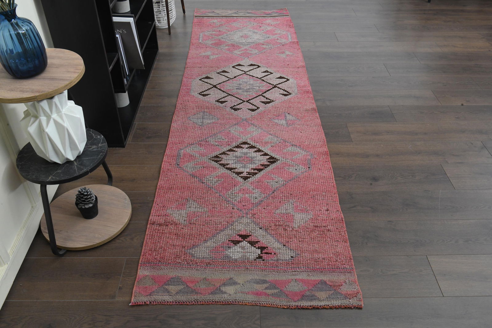 2.4x12.3 ft, LONG, Vintage Turkish Rug: Title: 2.4x12.3 ft, LONG, Vintage Turkish Rug Origin: Turkey Date/Period: 1960 - 1970 Materials: Wool and Cotton Size: Width: 2.4 feet Length: 12.3 feet Description: This Turkish one-of-a-kind Vintage