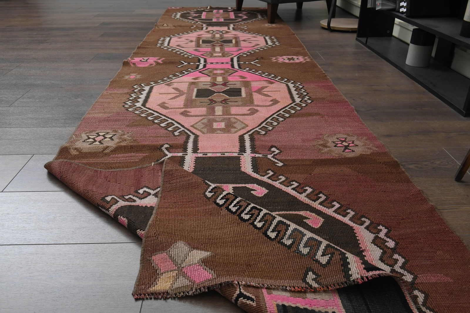 3'1x12 ft, KILIM RUNNER RUG: Title: 3'1x12 ft, KILIM RUNNER RUG Origin: Turkey Date/Period: 1960 - 1970 Materials: Wool and Cotton Size: Width: 3.1 feet Length: 12 feet Description: This Turkish one-of-a-kind Vintage Flatweave Ki