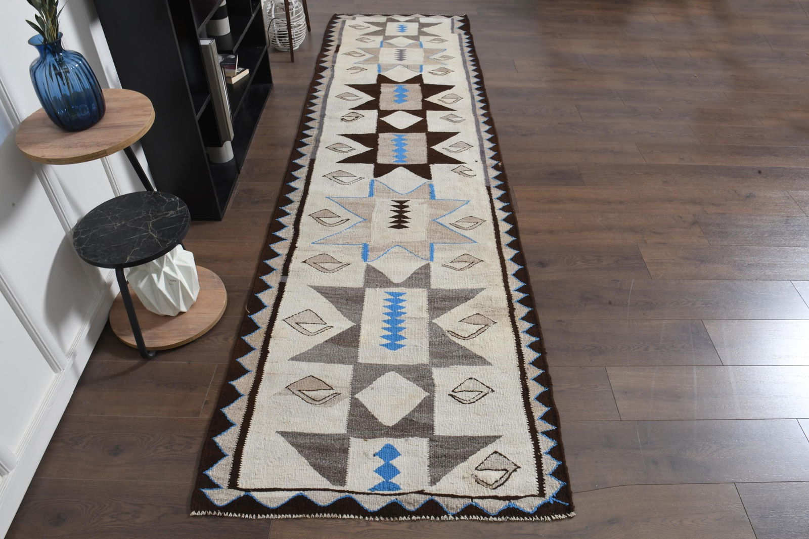 2'8x12'9 ft, KILIM RUNNER RUG: Title: 2'8x12'9 ft, KILIM RUNNER RUG Origin: Turkey Date/Period: 1960 - 1970 Materials: Wool and Cotton Size: Width: 2.8 feet Length: 12.9 feet Description: This Turkish one-of-a-kind Vintage Flatweav