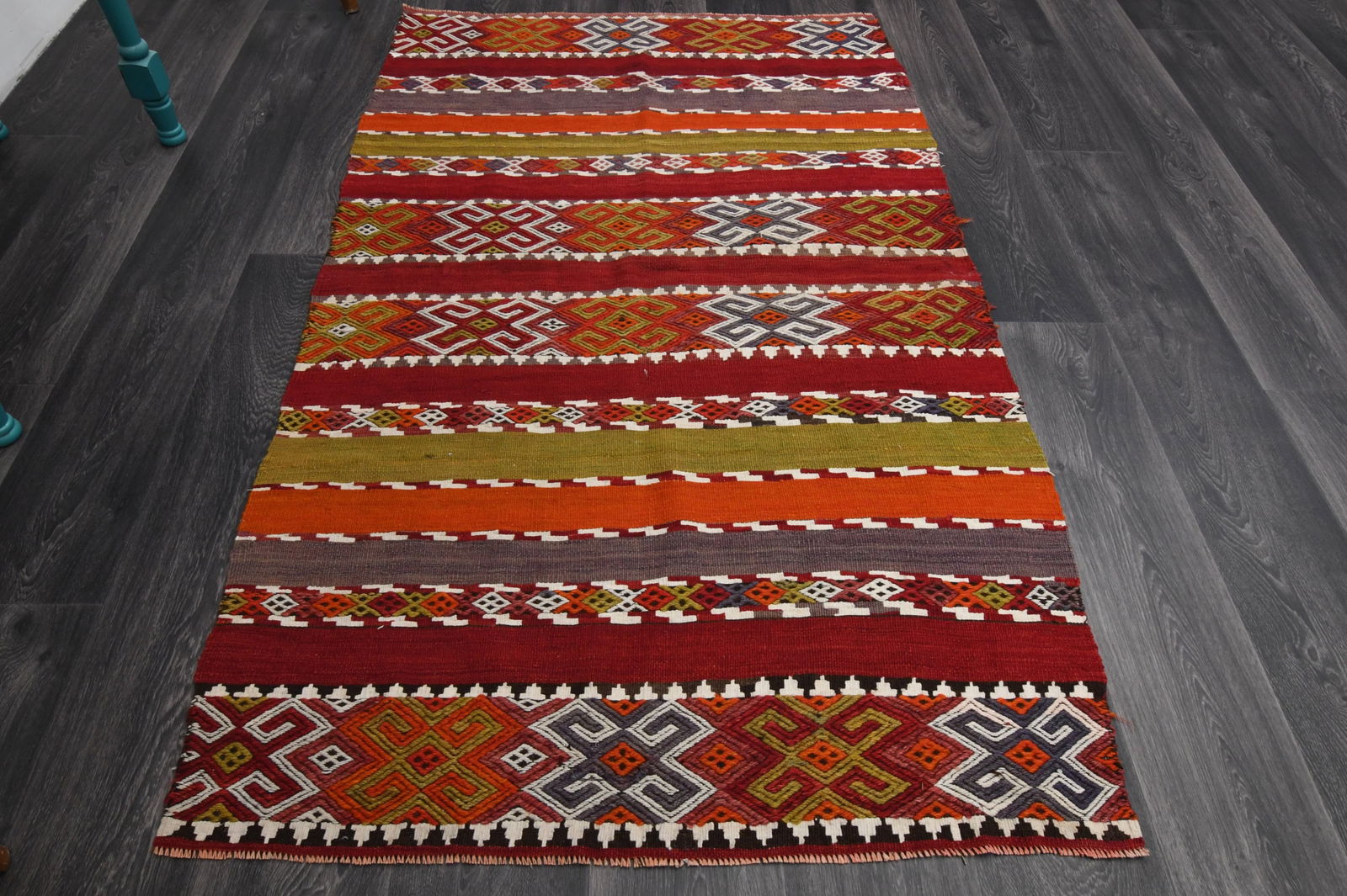 3.5x6 Ft, Vintage Rug, Accent: Title: 3.5x6 Ft, Vintage Rug, Accent Origin: Turkey Date/Period: 1960 - 1970 Materials: Wool and Cotton Size: Width: 3.5 feet Length: 6 feet Description: This Turkish one-of-a-kind Vintage Flatweave K