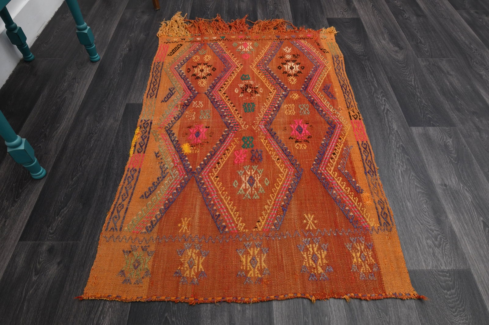 3.5x6 Ft, Vintage Rug, Accent: Title: 3.5x6 Ft, Vintage Rug, Accent Origin: Turkey Date/Period: 1960 - 1970 Materials: Wool and Cotton Size: Width: 3.5 feet Length: 6 feet Description: This Turkish one-of-a-kind Vintage Flatweave K