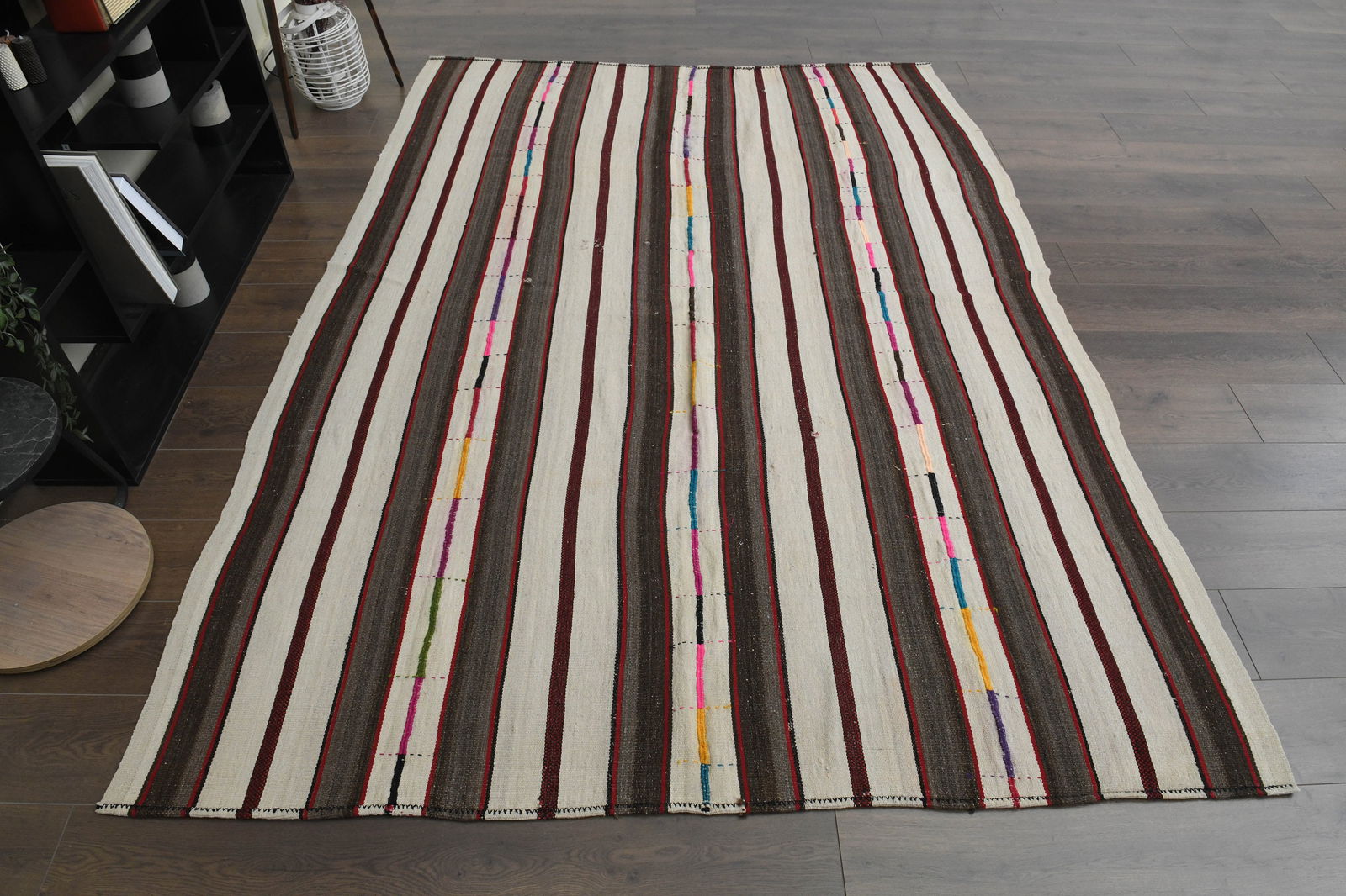 6'2x8'5 ft, STRIPED KILIM RUG, Turkish Area: Title: 6'2x8'5 ft, STRIPED KILIM RUG, Turkish Area Origin: Turkey Date/Period: 1960 - 1970 Materials: Wool and Cotton Size: Width: 6.2 feet Length: 8.5 feet Description: This Turkish one-of-a-kind Vin