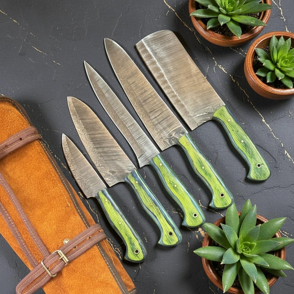 5-Piece Damascus Steel Chef Knife Set | Pakka Wood Handles & Leather Sheath: Title:5-Piece Damascus Steel Chef Knife Set | Pakka Wood Handles & Leather Sheath Description:This is a handmade 5-piece chef knife set, featuring distinctive Damascus steel blades and elegant Pakka w