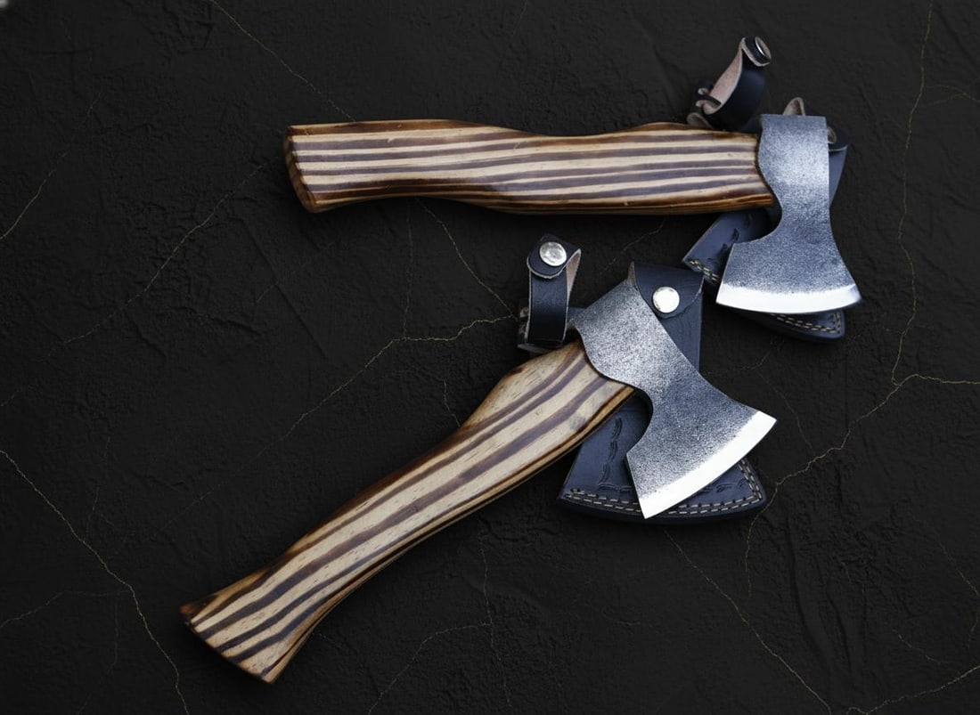 Set of 2 Hand Forged Mini Viking Axes 10" Carbon Steel Tomahawk w/ Leather Sheath: Title:Set of 2 Hand Forged Mini Viking Axes 10" Carbon Steel Tomahawk w/ Leather Sheath Description:This listing is for a set of two custom hand-forged mini Viking-style axes. Each axe features a dura