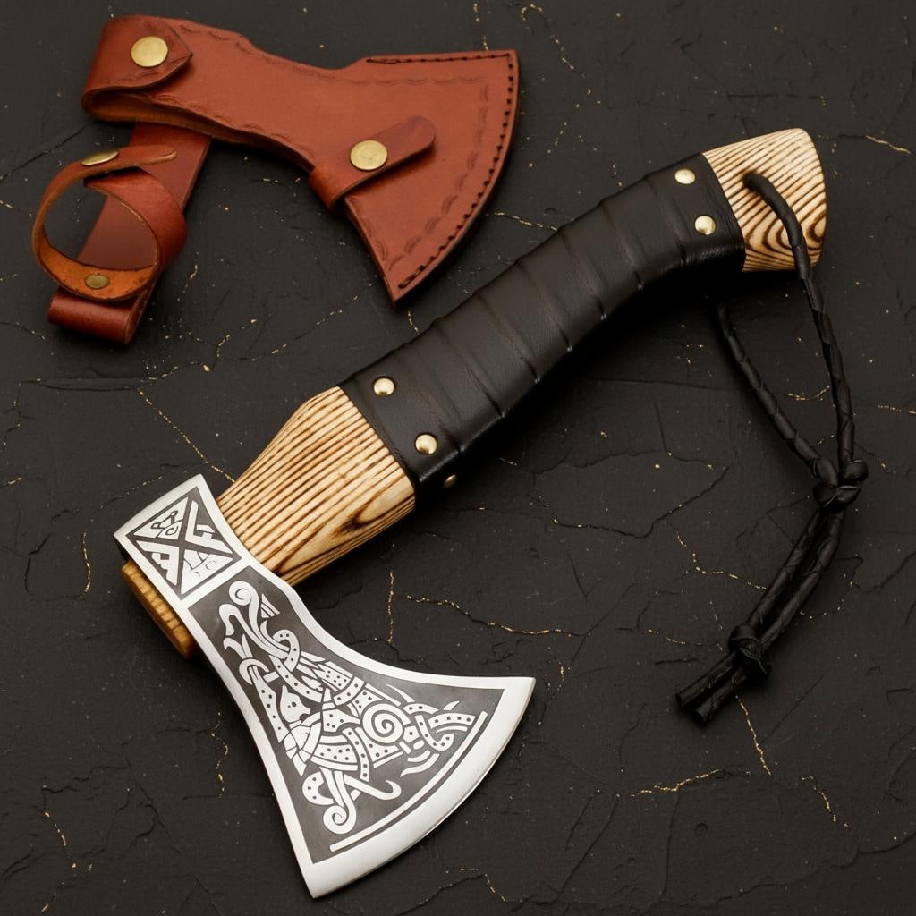 Handmade Carbon Steel Viking Throwing Axe Hatchet with Leather Sheath: Title:Handmade Carbon Steel Viking Throwing Axe Hatchet with Leather Sheath Description:This is a custom handmade, Viking-style bearded axe featuring a forged carbon steel head and a durable ash wood